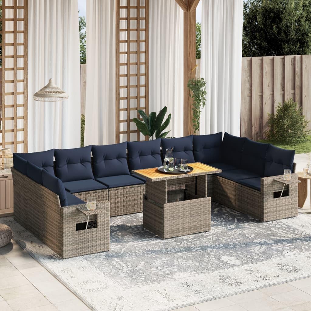 11-Piece Patio Sofa Set, Gray Poly Rattan Outdoor Furniture with Navy Cushions, Adjustable Table, Modular Design for Backyard, Terrace