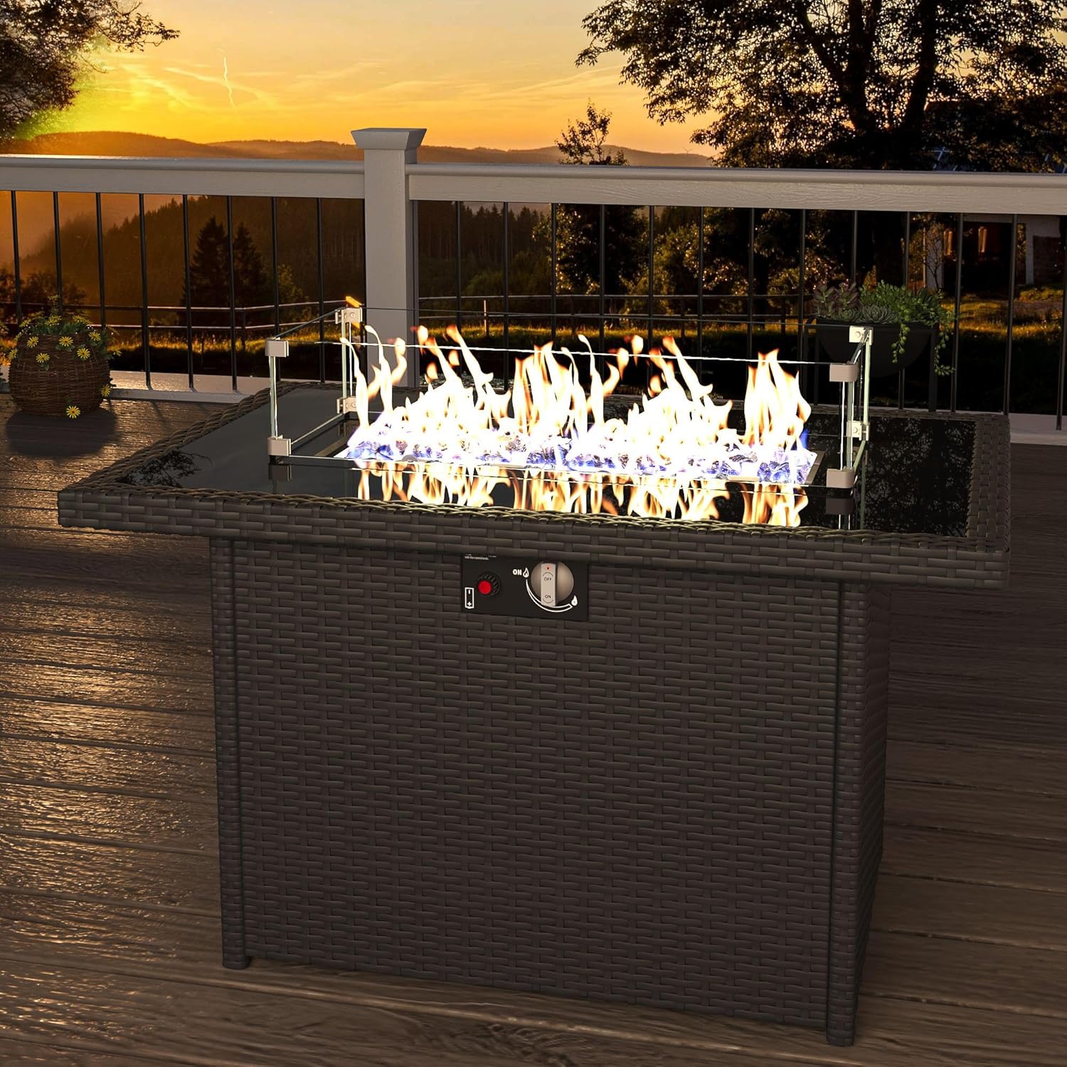 Rectangular Fire Pit Table, 44 inch Propane Gas Fire Pit with Glass Rocks, Wind Guard Glass Shield, Waterproof Cover for Outside Patio Backyard Deck Balcony