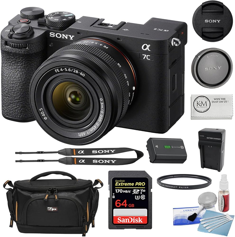 Sony a7C II Mirrorless Camera with 28-60mm Lens | Black Bundle with 64GB Memory Card + 40.5mm UV Filter + 5-Piece Camera Cleaning Kit + Battery Charger + Cloth + Camera Case (7 Items)