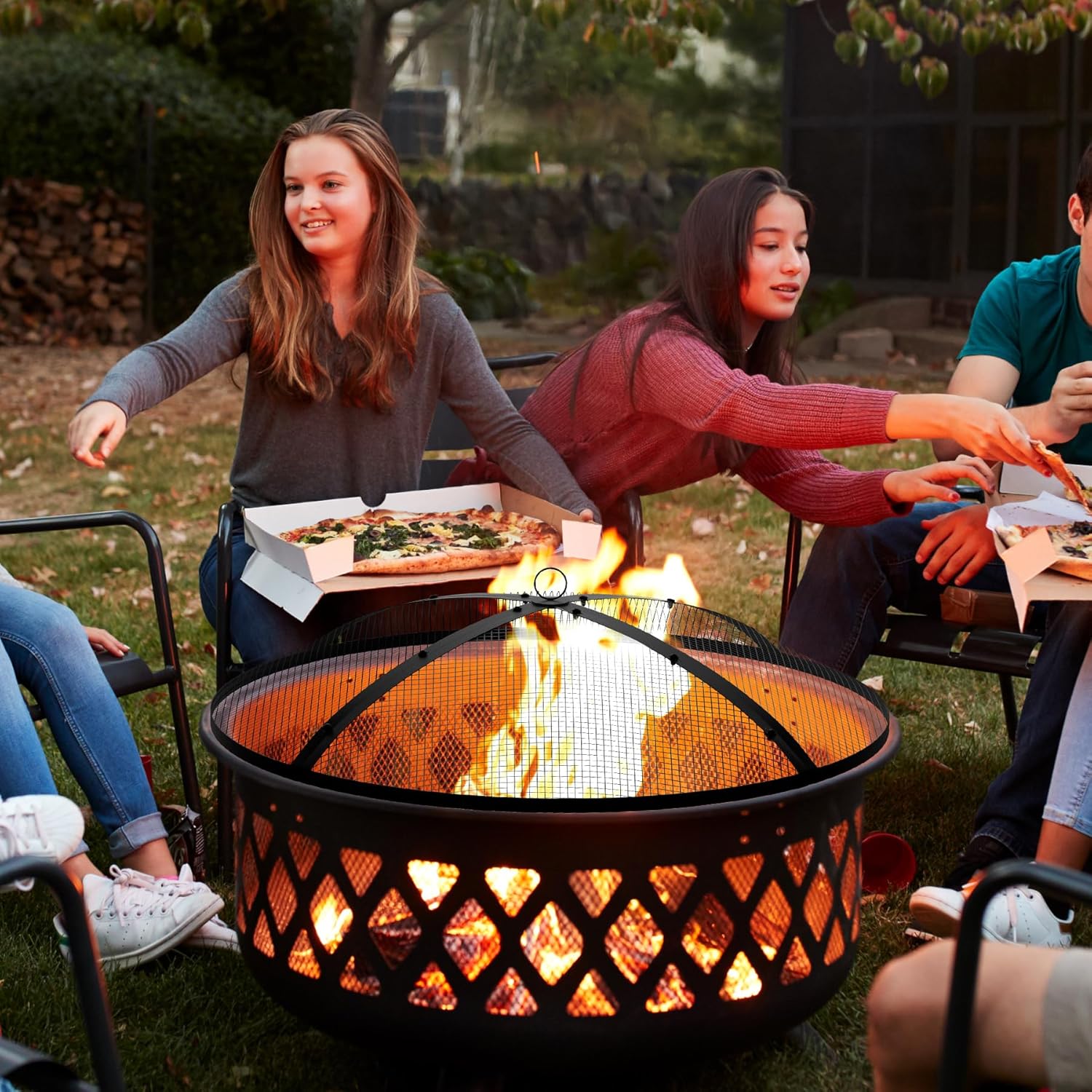 Fire Pit Spark Screen,36inch Heavy Duty Foldable Fire Pit Cover,Outdoor Round Fire Pit Mesh Screen with Top Lid, Handle&Poker, for Outdoor,Backyard,Patio,RV Camping,Beach