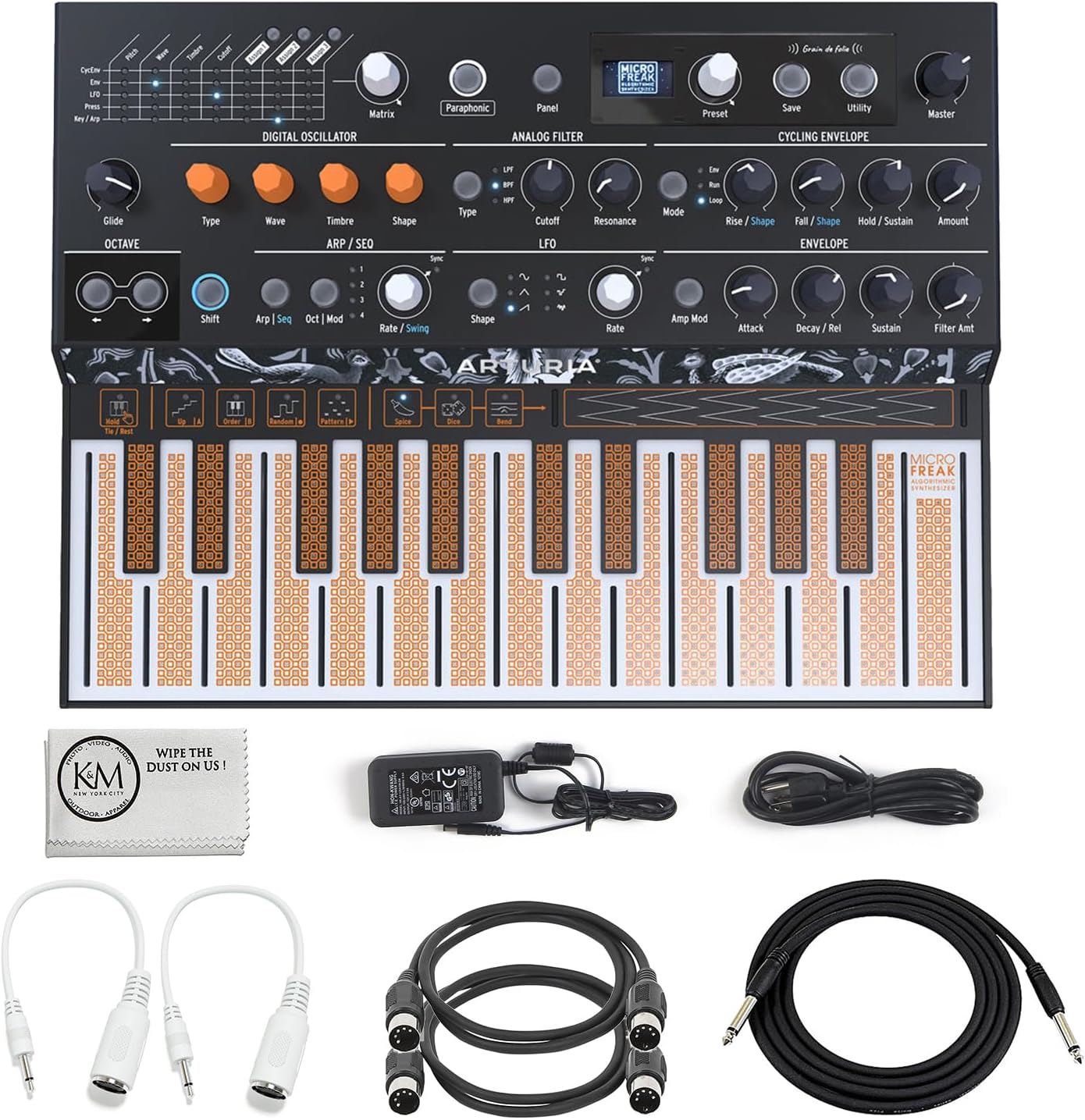 Arturia MicroFreak - Hybrid Analog/Digital Synthesizer with Advanced Digital Oscillators Bundled with 2 MIDI Cables + Instrument Cable (3 Items)
