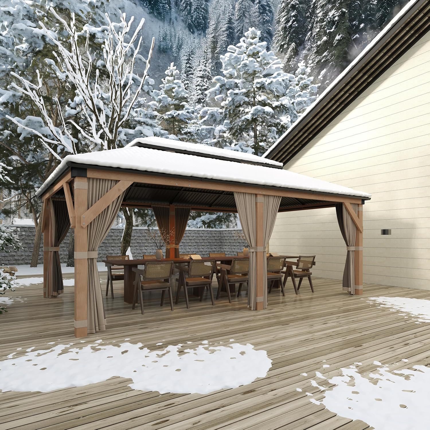 12 * 20FT Wooden Frame Gazebo Outdoor Permanent Pavilion Double Roof Hardtop Top Canopy, Curtain and Netting, Durable All-Weather, Wind Resistance, Patio Heavy Duty Gazebo for Deck, Backyard, Garden