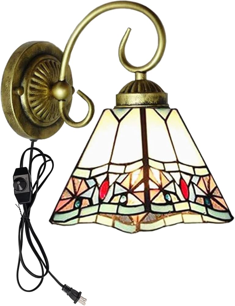 Kiven Plug in Wall Lamp, Glass Wall Sconce with 5.9ft Plug-in Cord, On/Off Dimmer Switch, 1-Light Dimmable Wall Lighting Fixtures for Bedside Kitchen Reading E26 Base