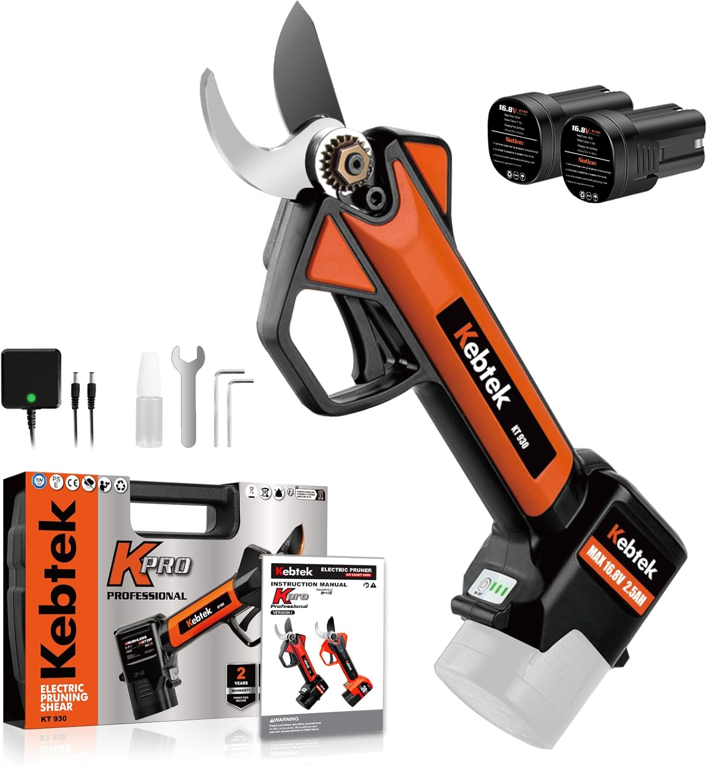 Electric Pruning Shear, Kebtek Cordless Electric Pruner Heavy Duty Electric Branch Cutter Brushless Motor with 2PCS 2500mAh 8-10H Working Time, 30mm (1.18 Inch) Cutting Diameter (KT930) Smooth-CUT