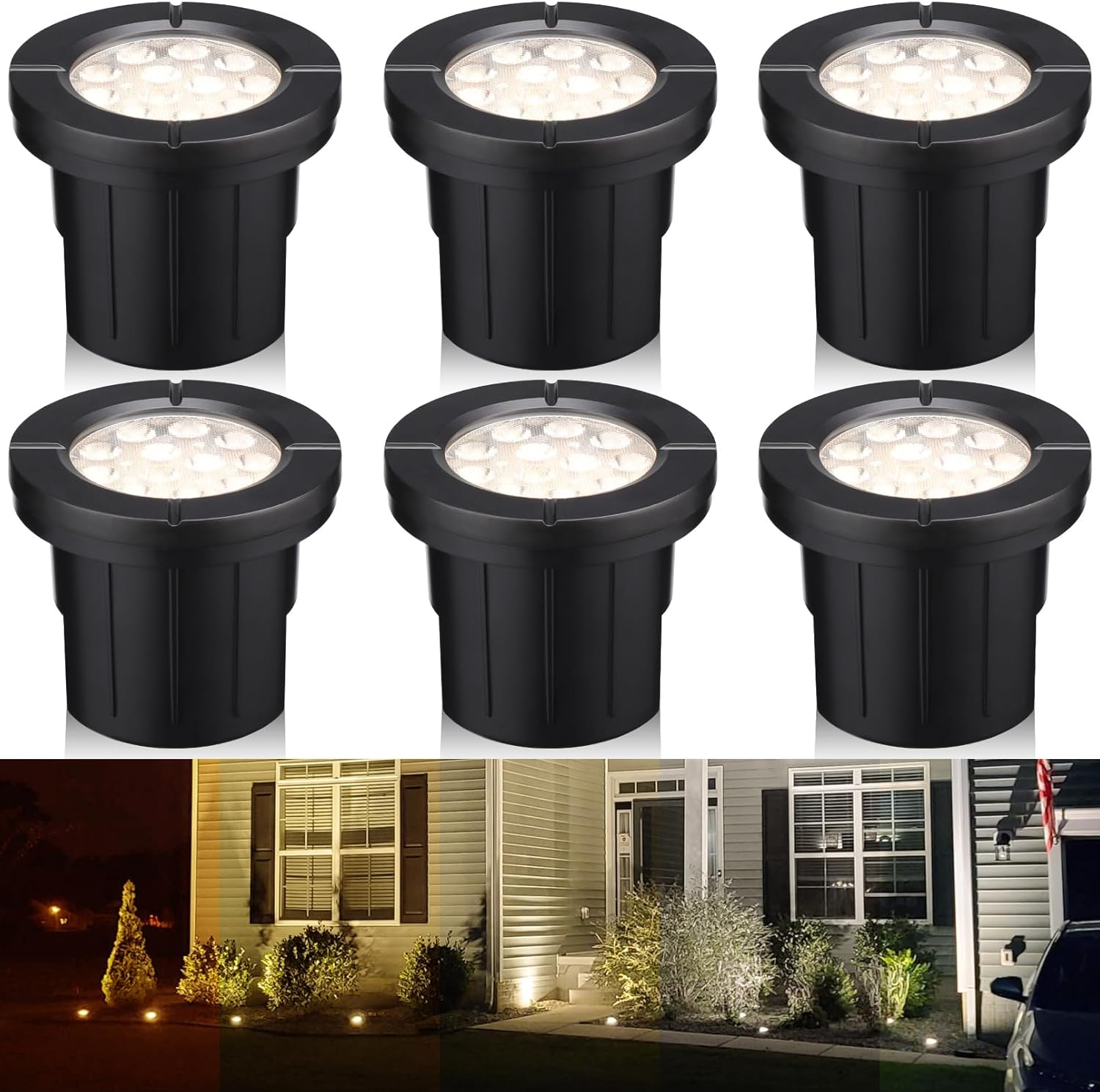 LEONLITE Dia. 4 Inch 5CCT Well Lights Landscape LED In Ground, 5 Color Temperature Selectable, 12-24V AC/DC CRI90 Low Voltage Outdoor Garden Landscaping, Aluminum Housing, Black, Pack of 6
