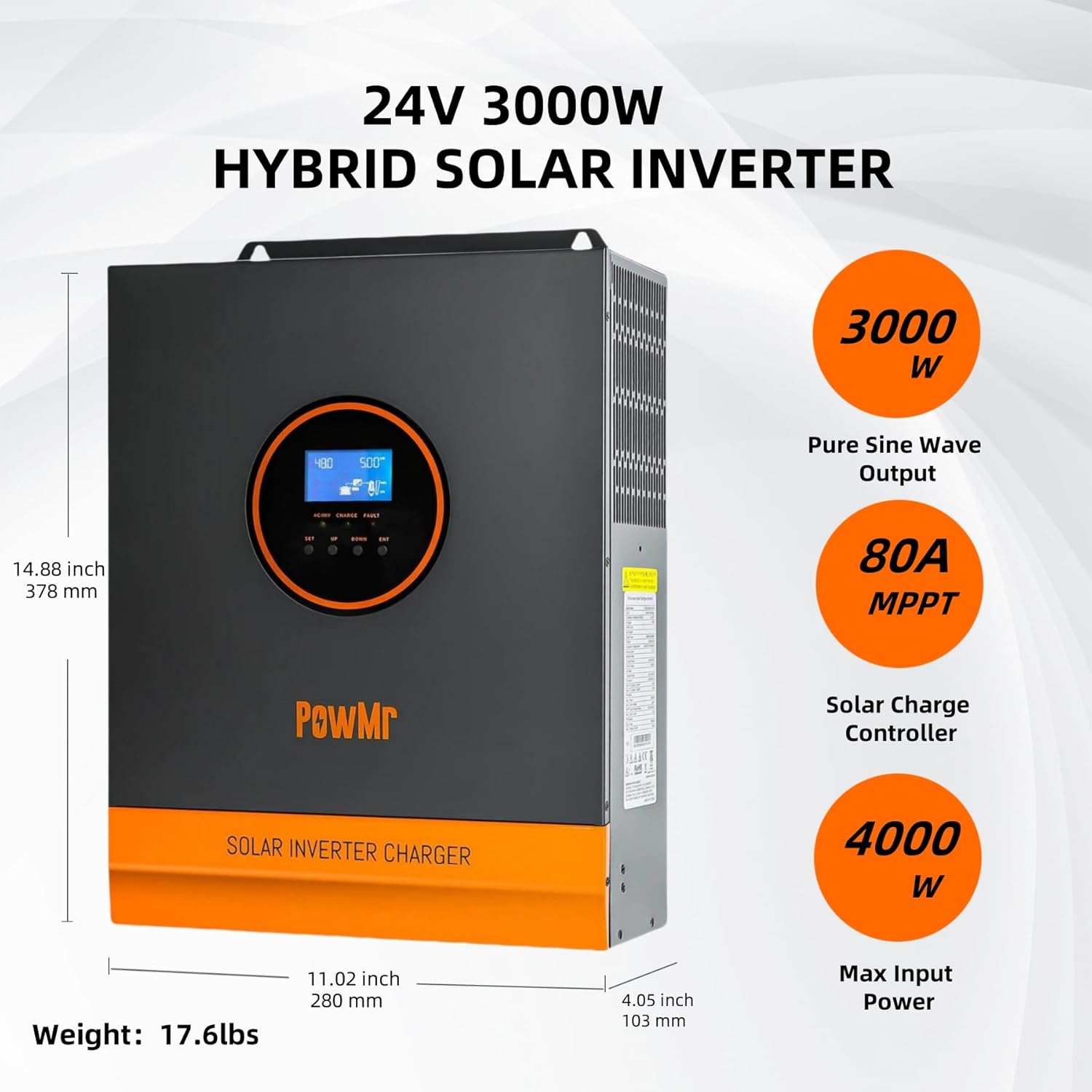 PowMr 3000W Solar Inverter, 24V DC to 120V AC with 80A MPPT Controller and 40A AC Charger Built-in, Pure Sine Wave Power Inverter 3000Watt, Max.PV Input 450V, Fit for Lithium Battery and Lead-Acid