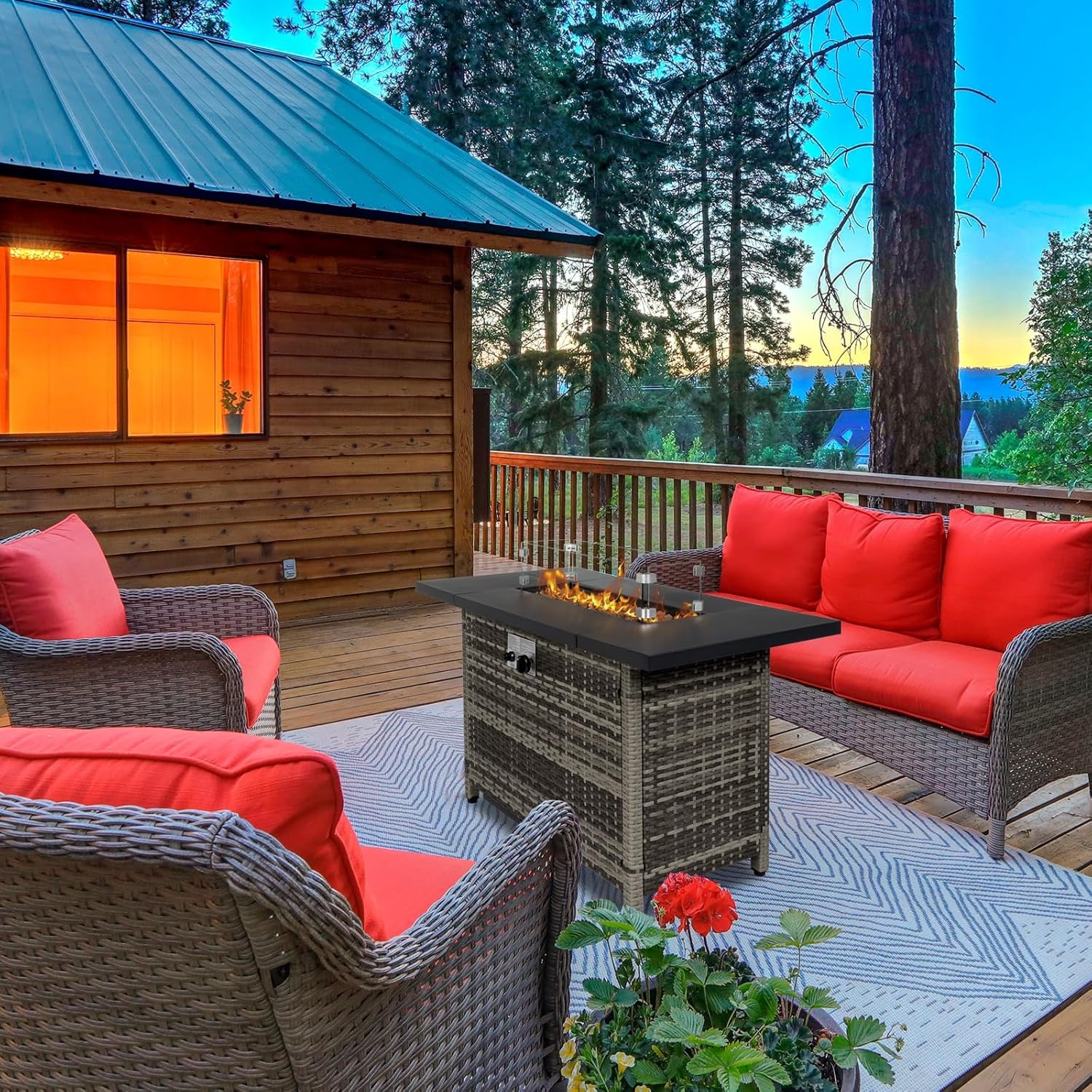 44 Inch Propane Fire Pit Table, 50,000 BTU Outdoor Gas Fire Pit with Wind Guard & Lid, Modern Patio Heater for Garden, Deck, Backyard (Grey)