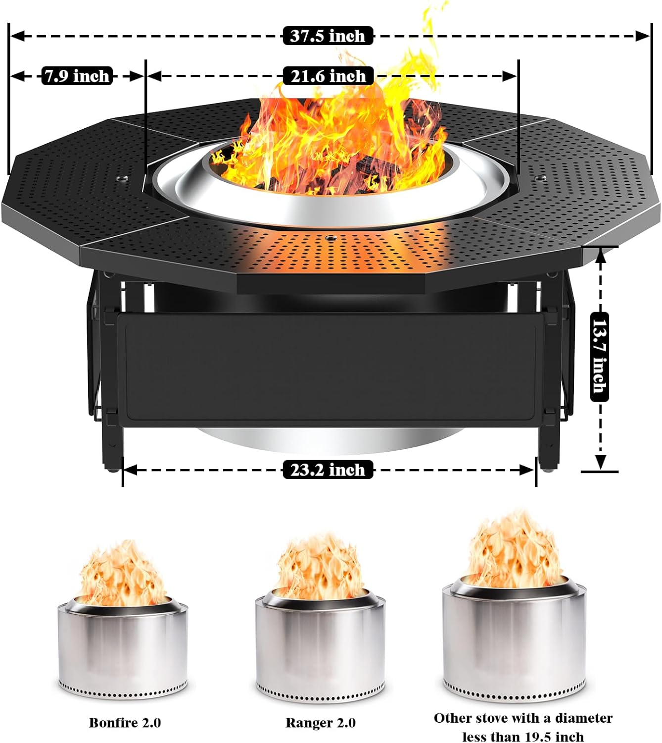 Fire Pit Surround Tabletop for Solo Stove Bonfire Ranger 2.0, with UV-Resistant Outdoor Fabric, Thick Metal Black