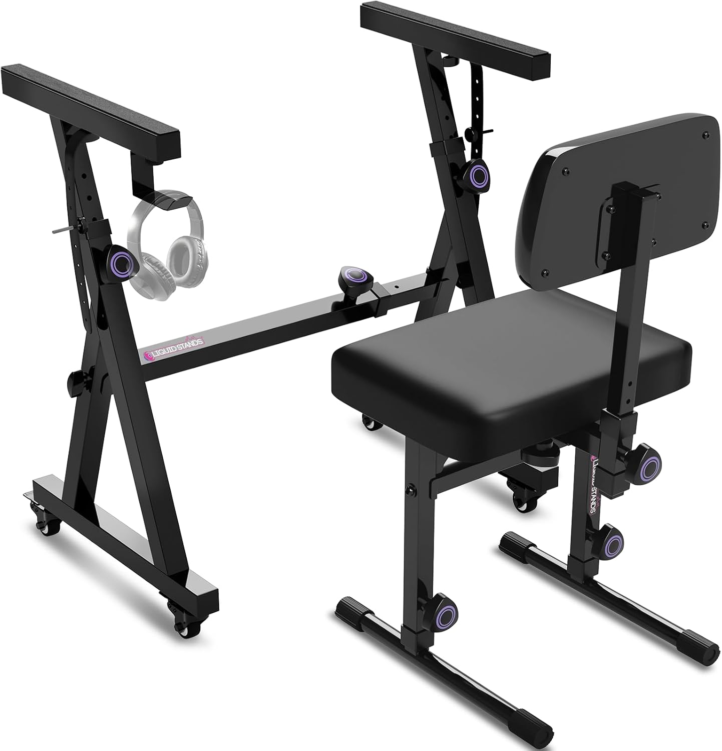 Liquid Stands Piano Keyboard Stand w/ Wheels & Adjustable Bench – Heavy Duty Digital keyboard Piano Stand and Bench for 54–88 Key, Electric Pianos Rack – Portable, Sturdy Music Stool & Seat Set