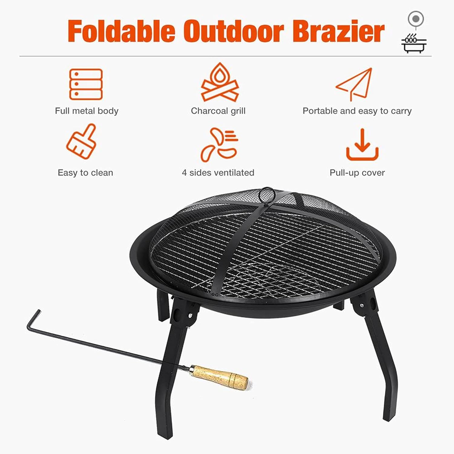 Portable Outdoor Fire Pit Bowl, Wood Burning Firepit w/Mesh Spark Screen Cover,Grill Grate, Poker, Bonfire Heating Basin for Backyard,Garden,Patio,Yard