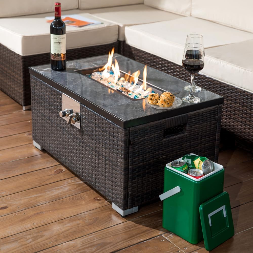 32 Inch Propane Fire Pit Table with Ceramic Tile Top and Wicker Base, 50000 BTU Outdoor Heater for Patio Garden Deck