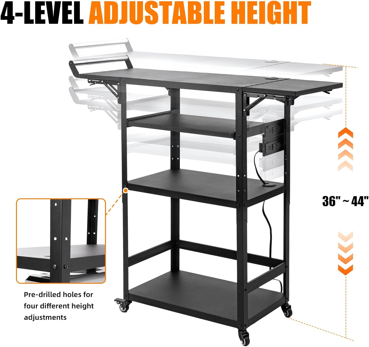 All-Steel AV Cart with Wheels and Power, Height Adjustable Media Workstation with Drop-Leaf Shelves for Projectors, Laptops & Printers, Heavy Duty Presentation Cart with Pull-Out Keyboard Tray
