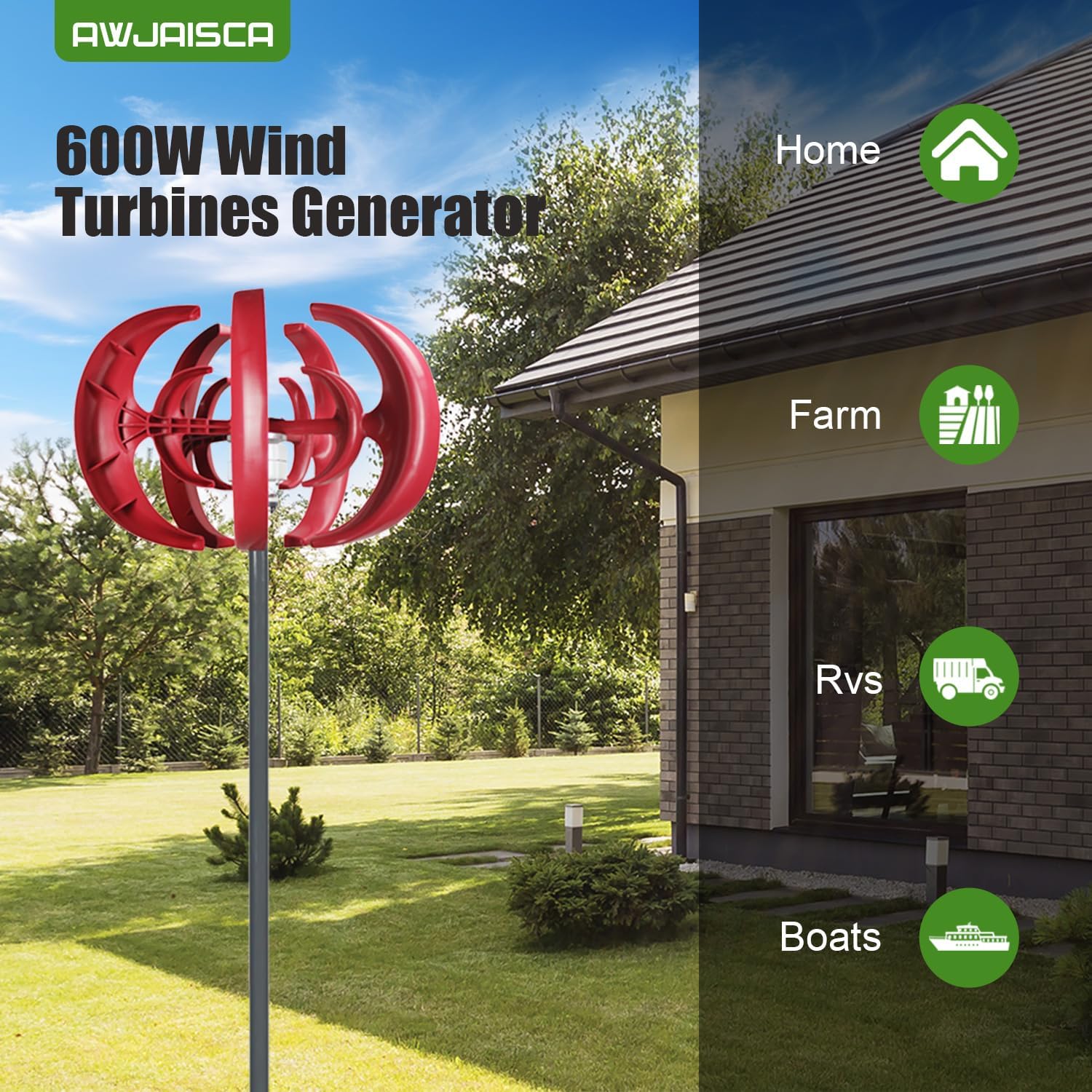 600W Wind Turbines Generator Kit, 5 Blades 12V Vertical Axis Kit for Home,Windmills for Home Power, Generador Eolico para Casa,Electromagnetic Electricity Producer Equipment Red