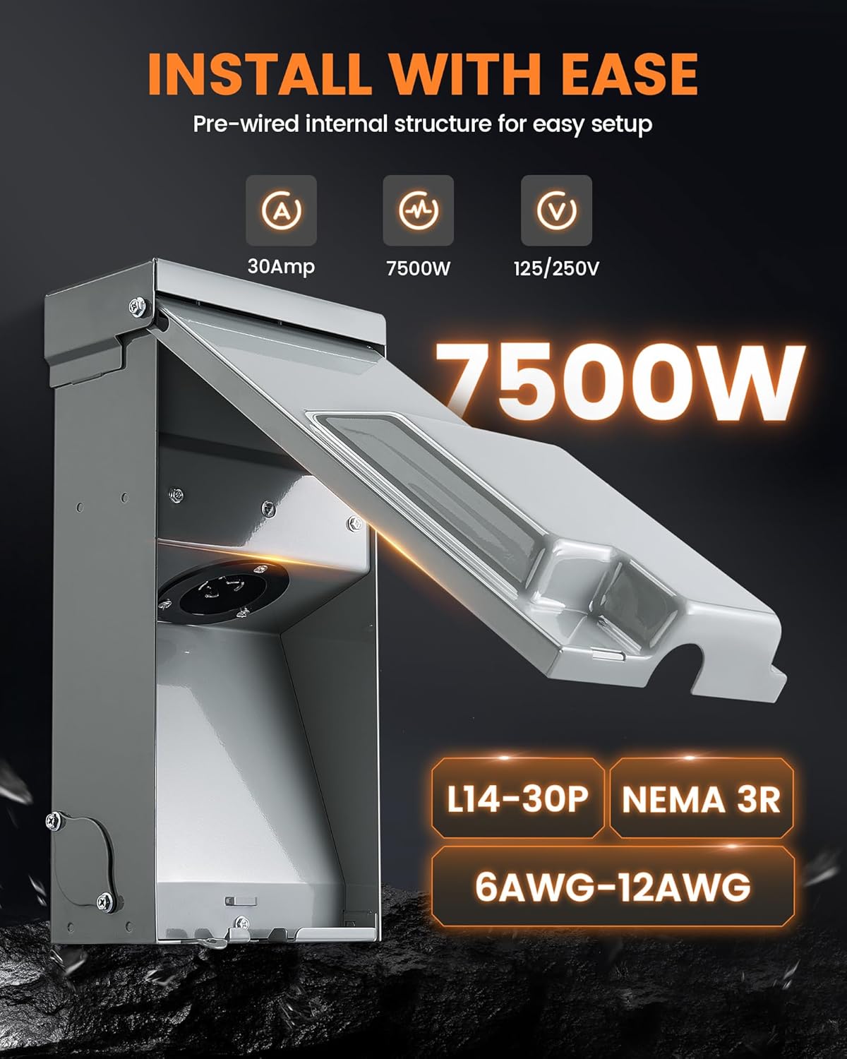 SURAIELEC 30 Amp 50FT Generator Cord and Power Inlet Box, Generator Box with 4-Prong Generator Cord, NEMA L14-30P to L14-30R Generator Cord Waterproof Combo Kit for Snowstorm, ETL Listed Outlet