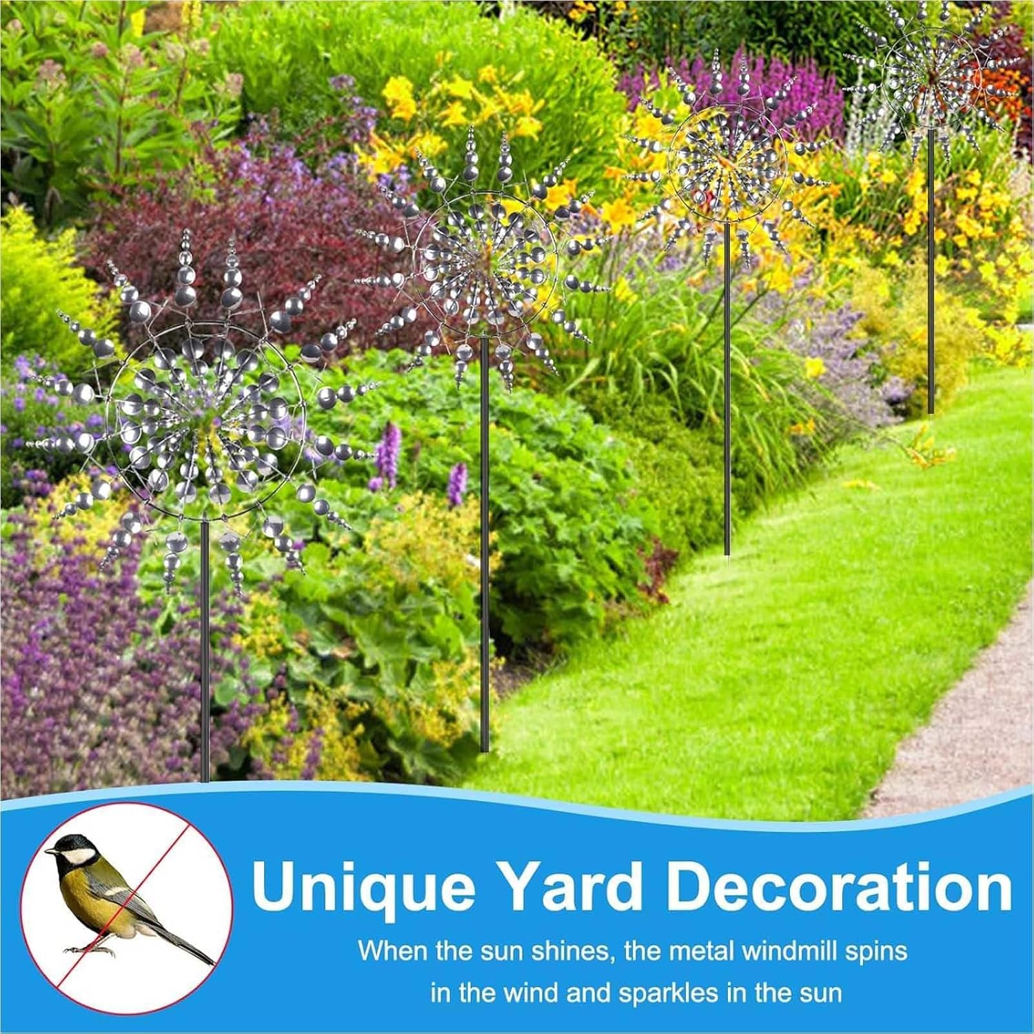 Solar Magic Windmill, Garden Wind Mill 3D Wind Powered, 13.4 x 71in Kinetic Wind Spinners,Gold