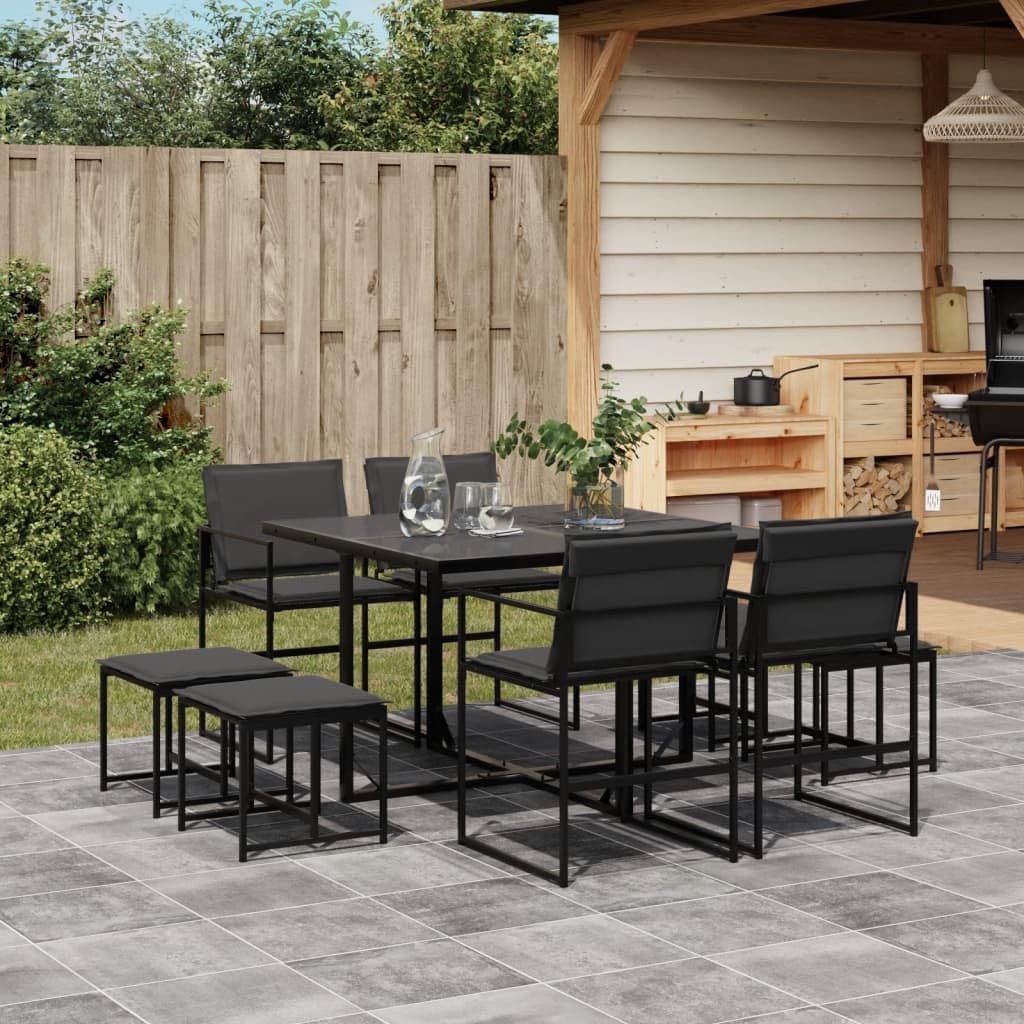 Furniture Sets 9 Piece Patio Dining Set with Cushions Black Textilene,Garden Dining Set with Textilene Fabric and Tempered Glass Tabletop for Outdoor Patio Garden Conversation Sets