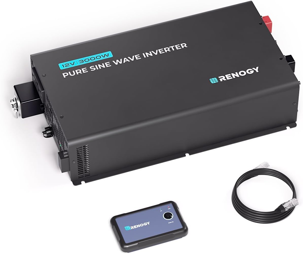 Renogy 3000W 12V Pro Pure Sine Wave Inverter 12V DC to 110V 120V AC Built-in Bluetooth, Ecosleep Mode, with 16.4FT Remote Controller, Support Pre-Charging, 6000W Peak Power, Truck, RV, Home Energy