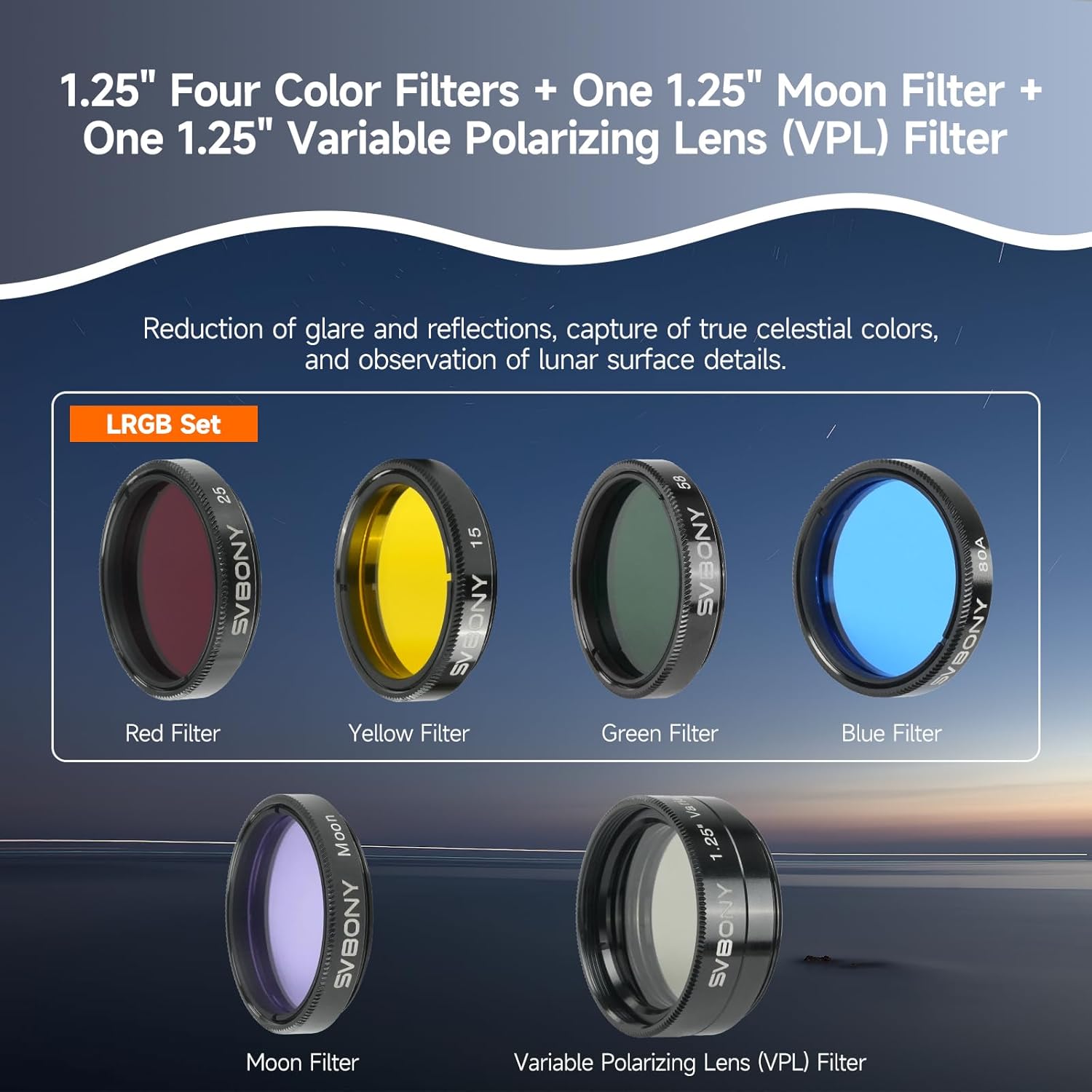 SVBONY SV233 12 Piece Telescope Accessory Kit 3.2mm Ultra-Wide Angle Planetary Eyepiece, SPL25/32mm Eyepieces 7-21mm Zoom Eyepiece, 2X Barlow Lens, LRGB Filters Moon Filter Variable Polarizer Filter