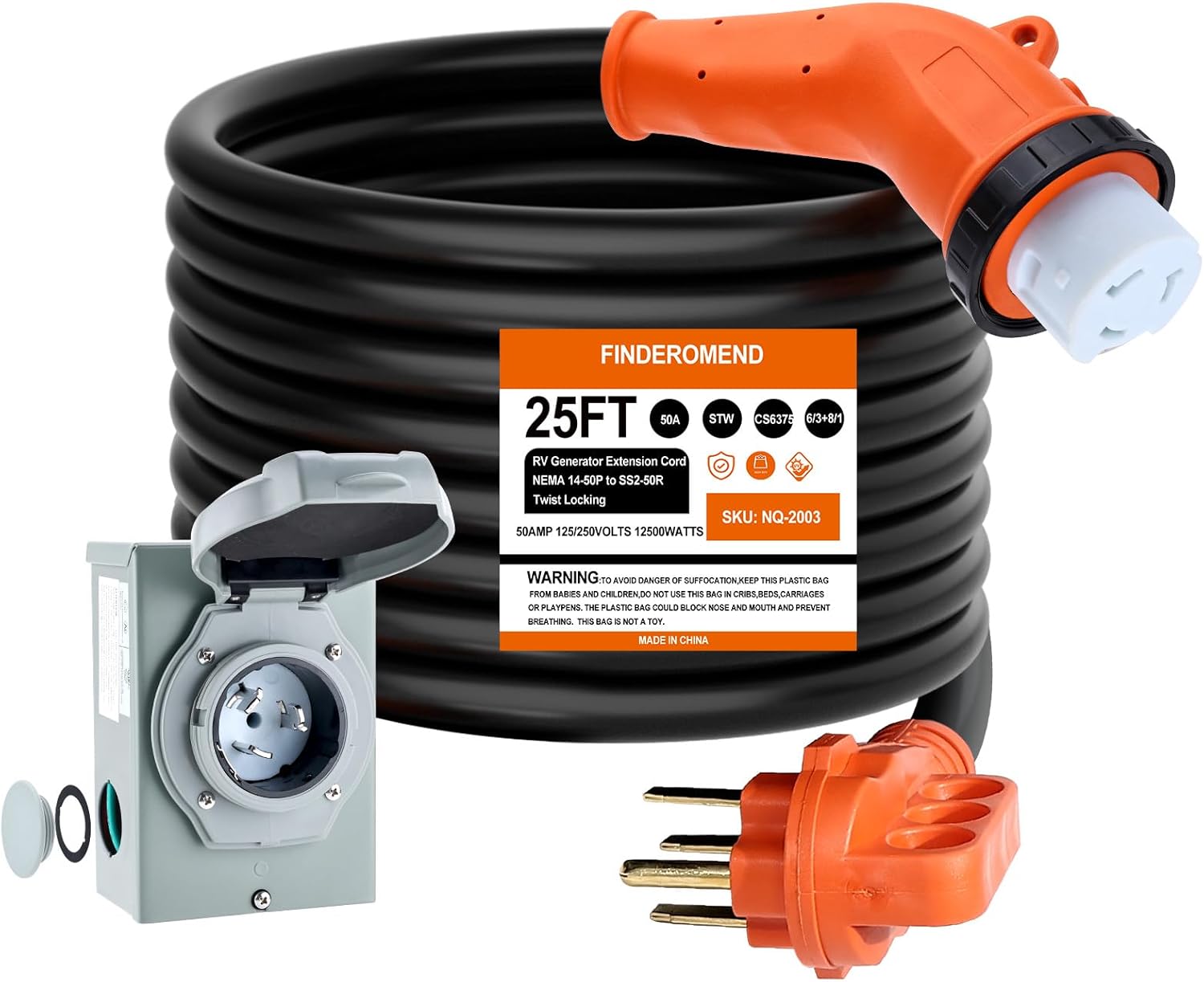 Finderomend 50 Amp Generator Cord and Power Inlet Box Combo Kit, NEMA 14-50P to SS2-50R Extension Cord, for Home RV Backup Power Solution, 125/250 Volts (25ft)