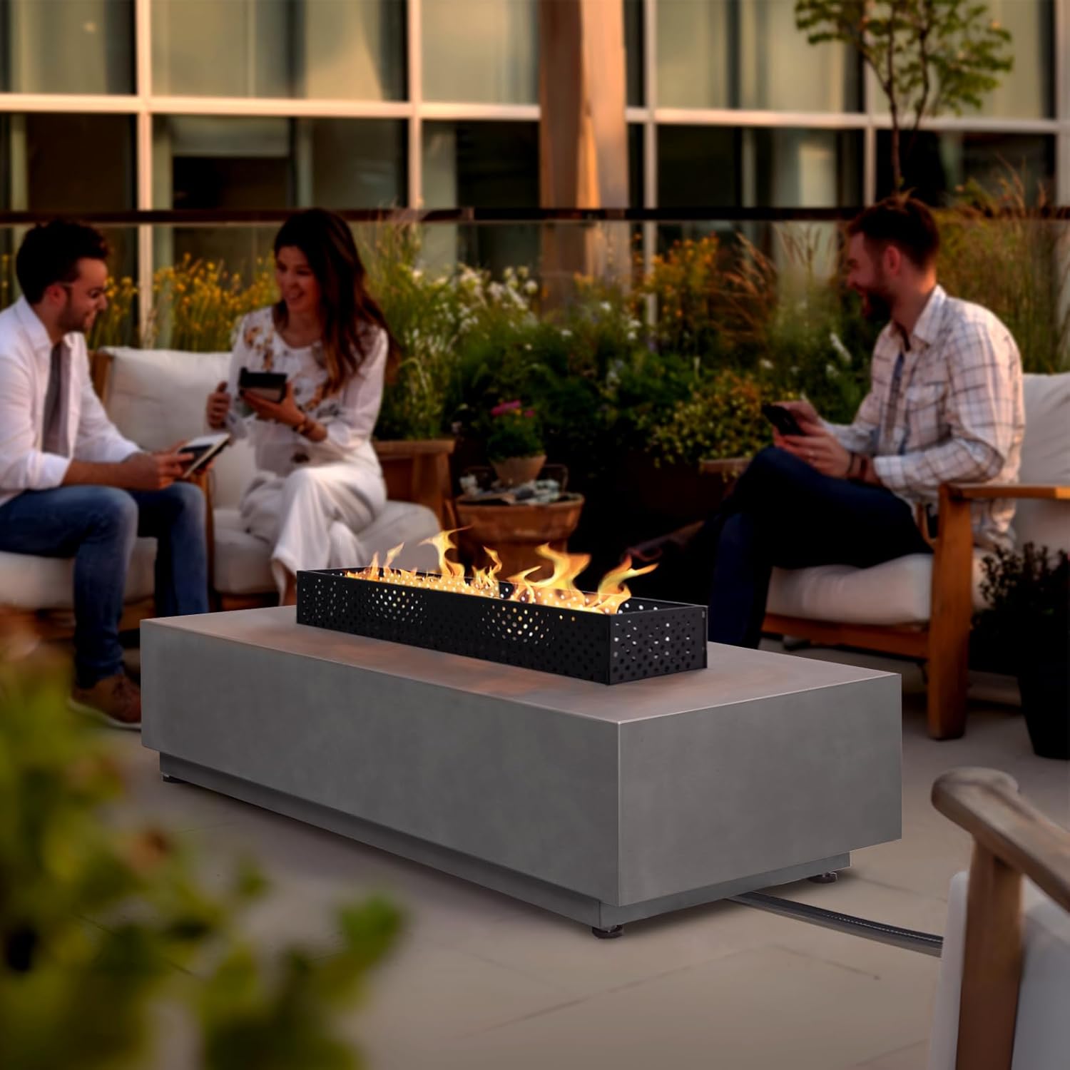 48'' Rectangular Propane Fire Pit Table, 3-in-1 50,000BTU Firepit Table with Griddle for Outside Patio, Backyard Decor, Grey