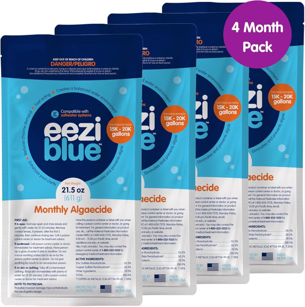 Eeziblue Monthly Pool Algaecide Bundle | Pool Booster for All Algae in Above Ground and In-Ground Swimming Pools, 4 Month Pack (15k - 20k Gallons)