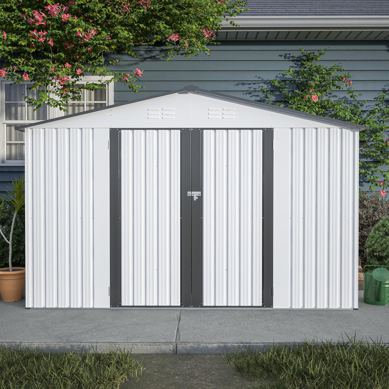 GOWE 10X8 FT Outdoor Storage Shed, All Weather Metal Sheds with Lockable Doors, Tool Shed for Garden, Patio, Backyard, Lawn, White