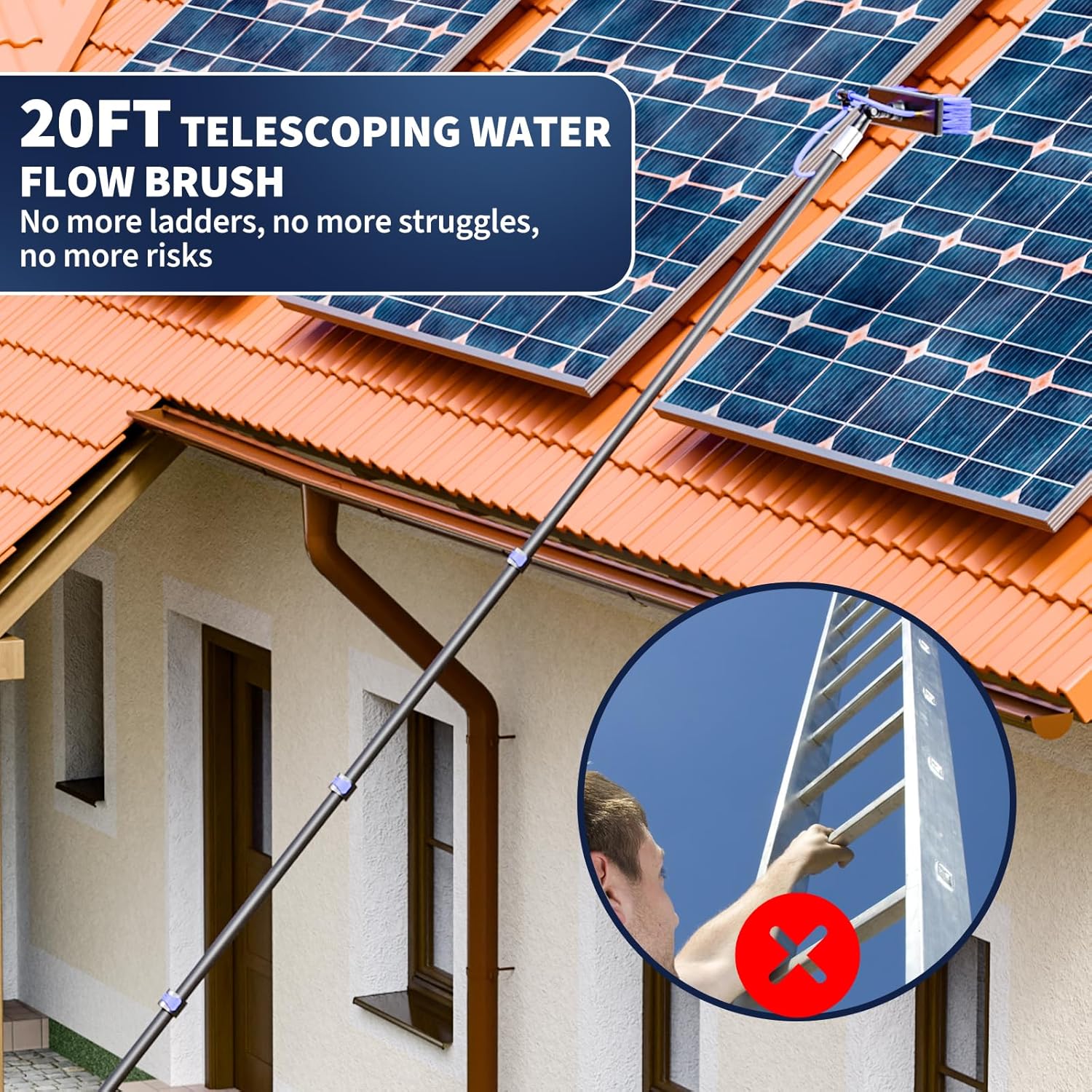20FT Water Fed Solar Panel Cleaning Kit, Telescopic Solar Panel Cleaning Brush with Extension Pole & Soap Dispenser for Household & Outdoor