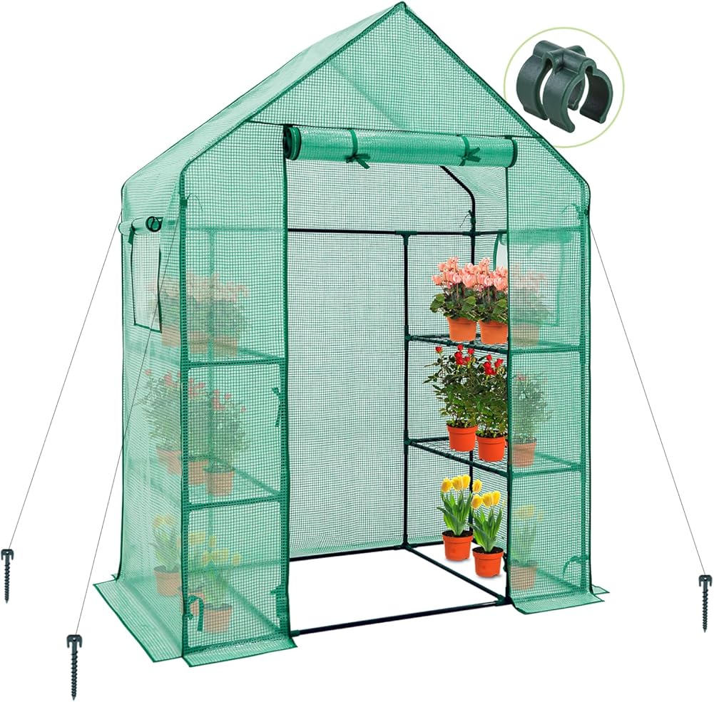 EAGLE PEAK Walk in 3-Tier Greenhouse with Wire Shelves, Portable Indoor and Outdoor Green House with Roll-Up Zippered Door & 2 Roll Up Side Windows, 4 Shelves, 61