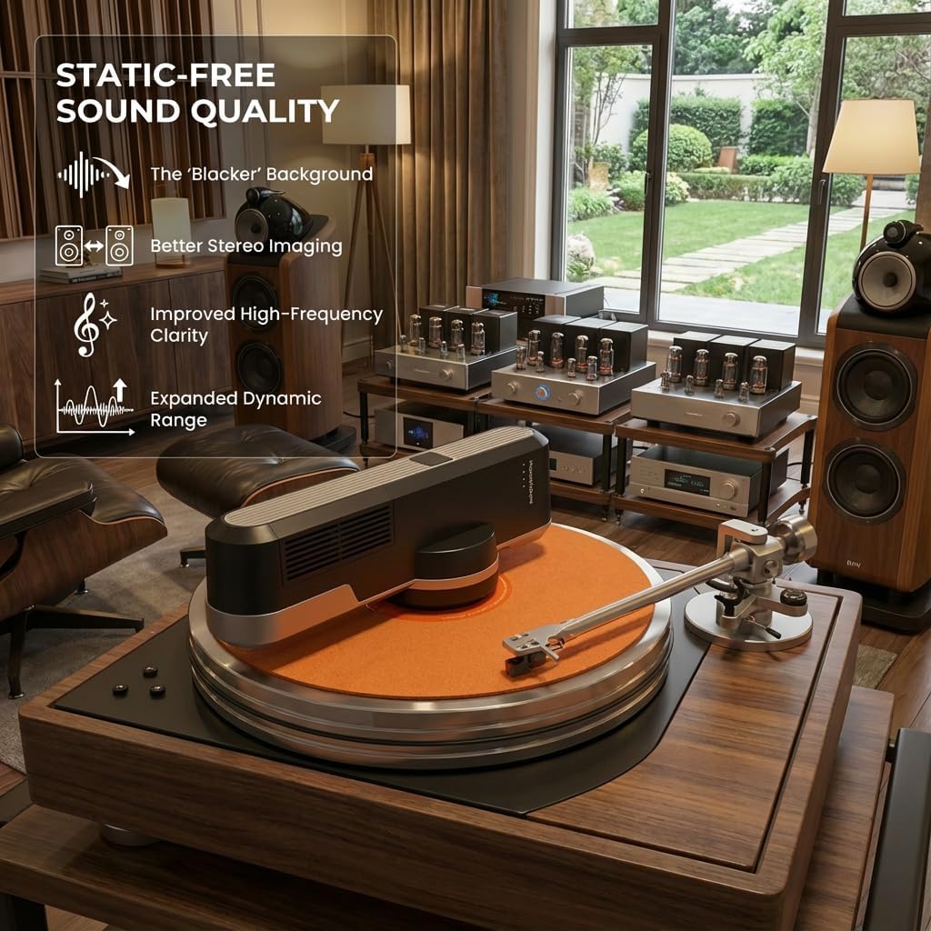 HumminGuru Orbit Static Remover for Vinyl Records, Vinyl Record Cleaner Machine Removes Static Charge Evenly, 360° LP Rotating Ionizer, Anti-Static Turntable Record Player Accessories Cleaning Kit