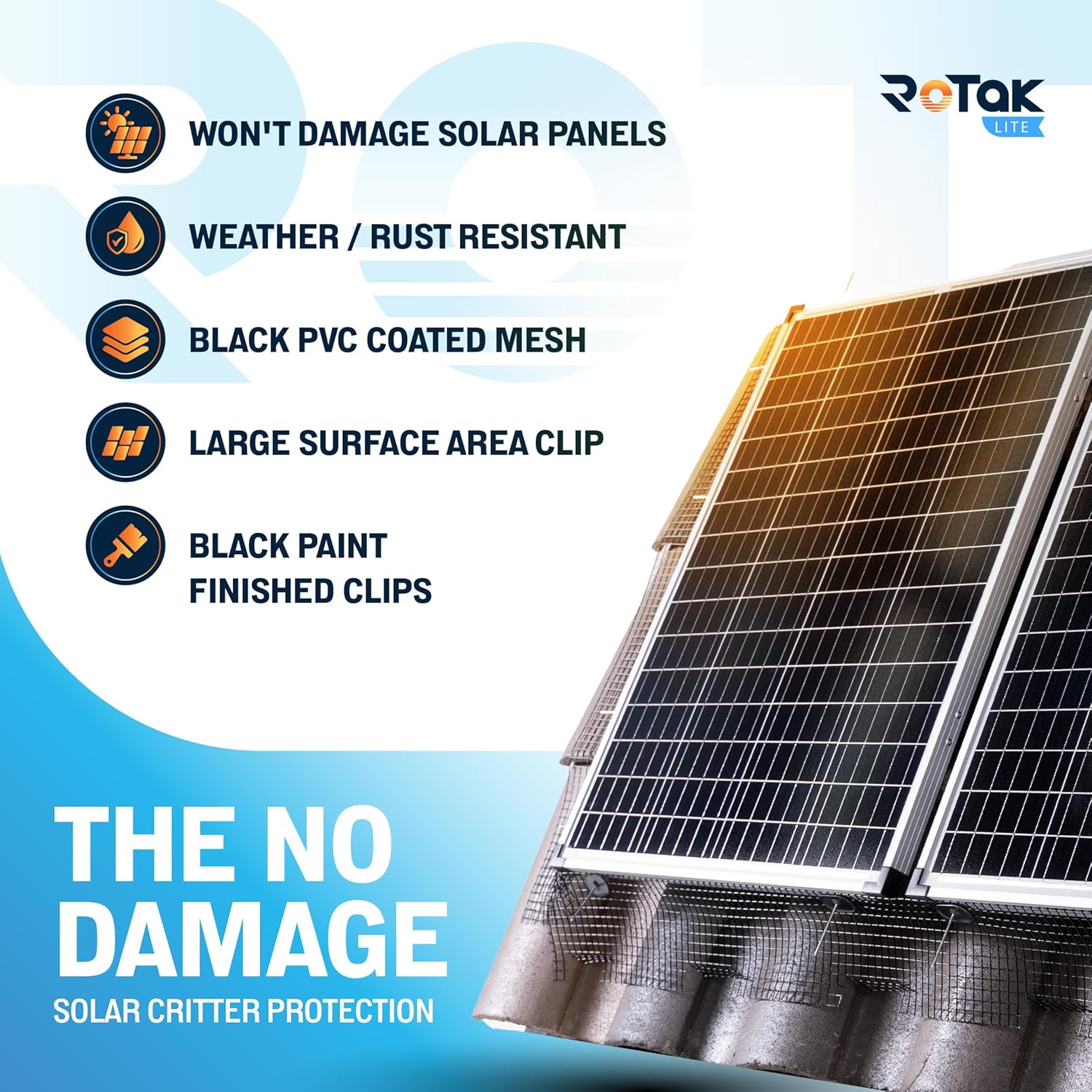 ROTAK Critter Guard - 6in x 100ft Solar Panel Bird Guard with Fastener Clips - Galvanized Black PVC Coated ½ inch Wire Roll Mesh (6