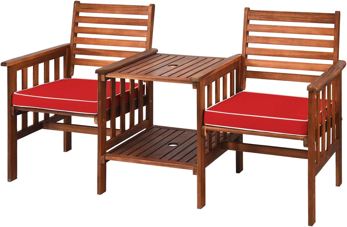 Tangkula Acacia Wood Loveseat, 3pcs Outdoor Table Chairs Set, Patio Conversation Set w/Coffee Table and Soft Cushions, 2.1-inch Umbrella Hole, 2-Seater Furniture Set (Red)