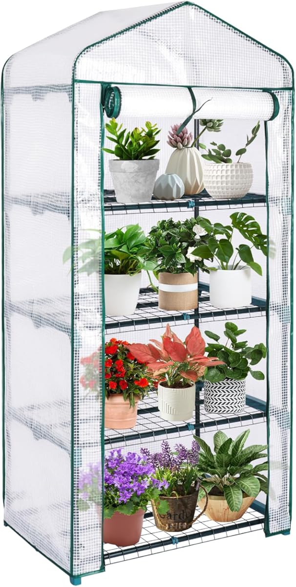 Zyraflux 4 Tier Portable Greenhouse with Steel Shelves - Ideal Indoor Outdoor Mini Greenhouse for Plants, High Strength Waterproof PE Cover with Roll-up Zipper Door,Grow Seeds & Seedlings for Garden