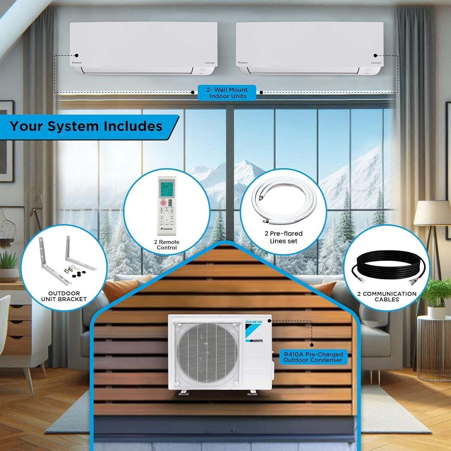 Daikin 2-Zone (9,000 BTU + 9,000 BTU) CIRRA Series Mini Split Air Conditioner Heat Pump System with Maxwell 15 ft. Installation Kit and Wall Bracket