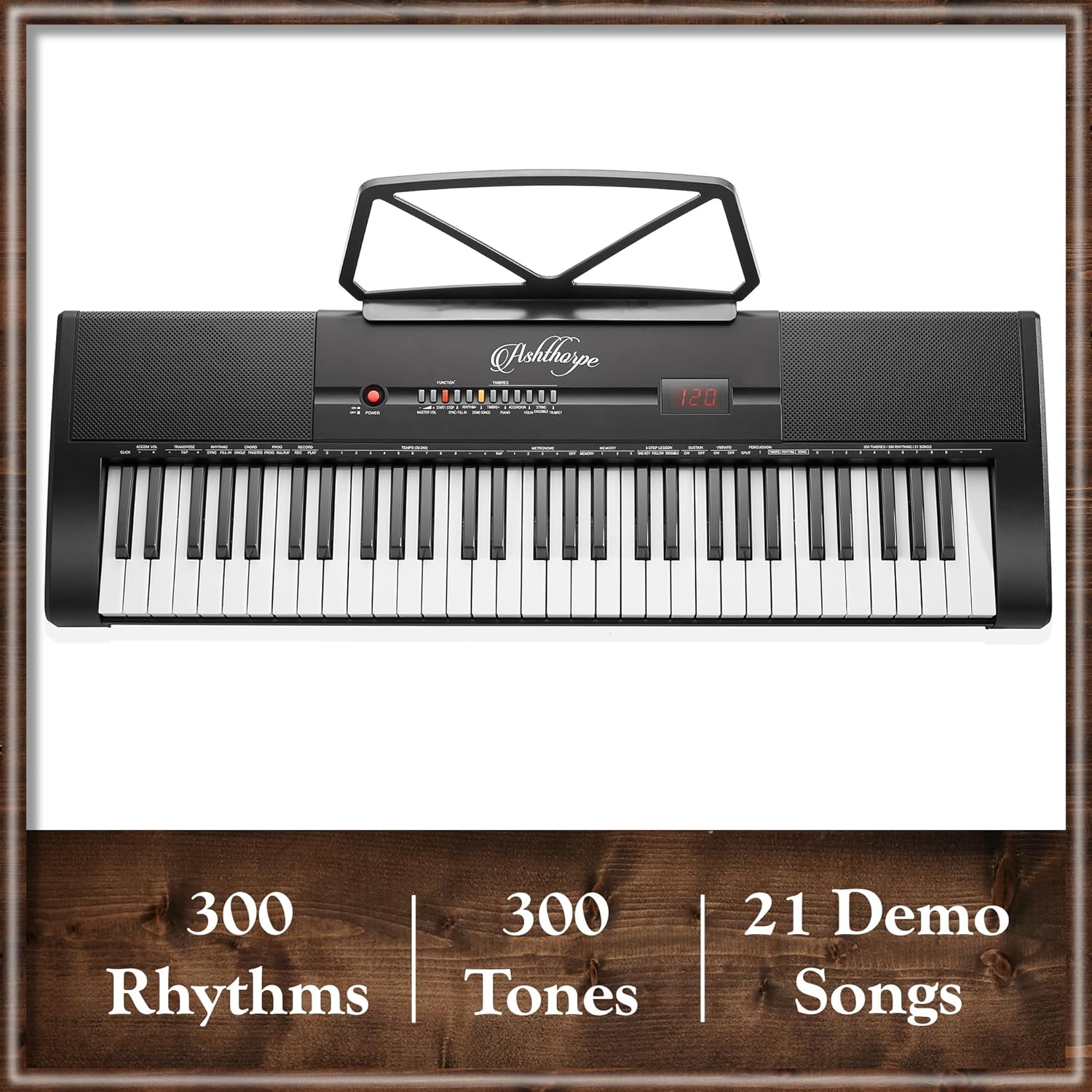 Ashthorpe 61-Key Digital Keyboard Piano with Stand and Bench, Portable Electronic Piano Keyboard Kit with Headphones, Microphone, Keynote Stickers
