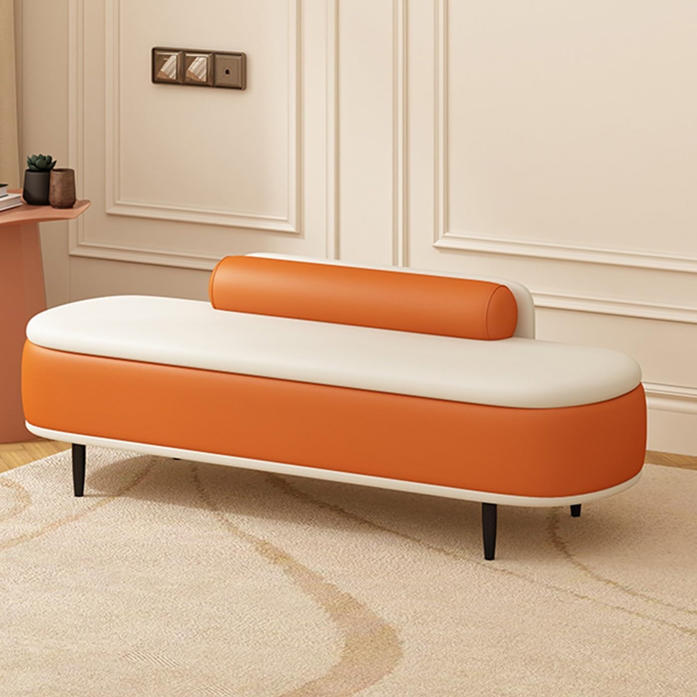 Modern Ottoman Storage Bench with Lumbar Pillow - Faux Leather Entryway Storage Box, Stylish Living Room Footrest Stool, End of Bed Bench,Orange+Beige,60cm