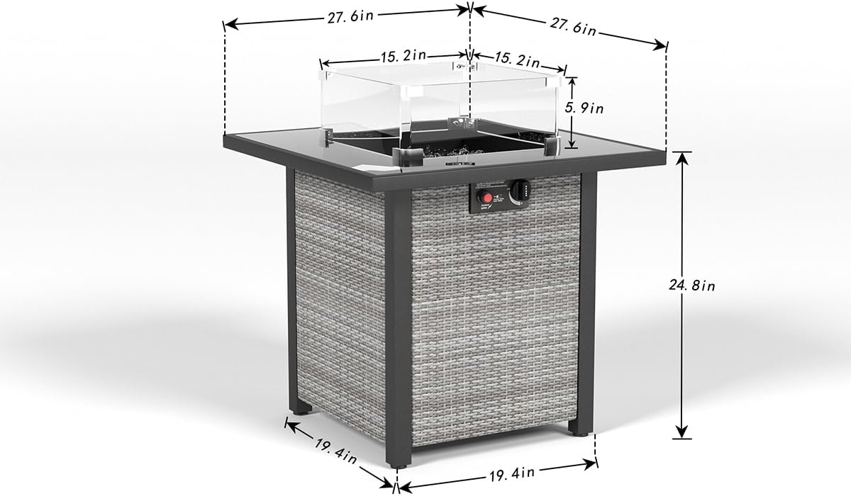28 Inch Propane Fire Pit Table, Rattan Wicker Look, 50000 BTU Gas Firepits Tempered Glass Tabletop with Glass Windscreen Protector for Outside Patio and Garden(Grey+White)