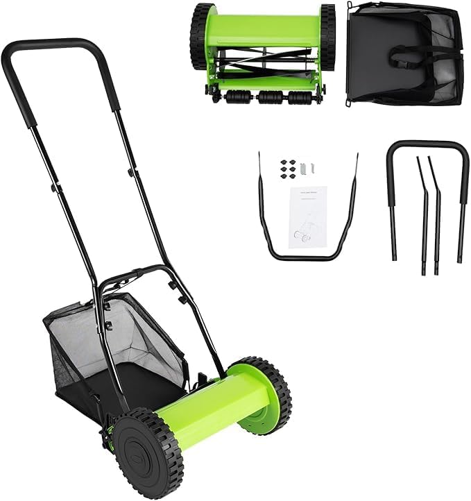 Manual Lawn Mower, 12 Inch 5 Blade Lawn Mower with 6 Gal Collection Bag, Adjustable Cutting Grass Height Push Reel Lawn Mower for Gardens