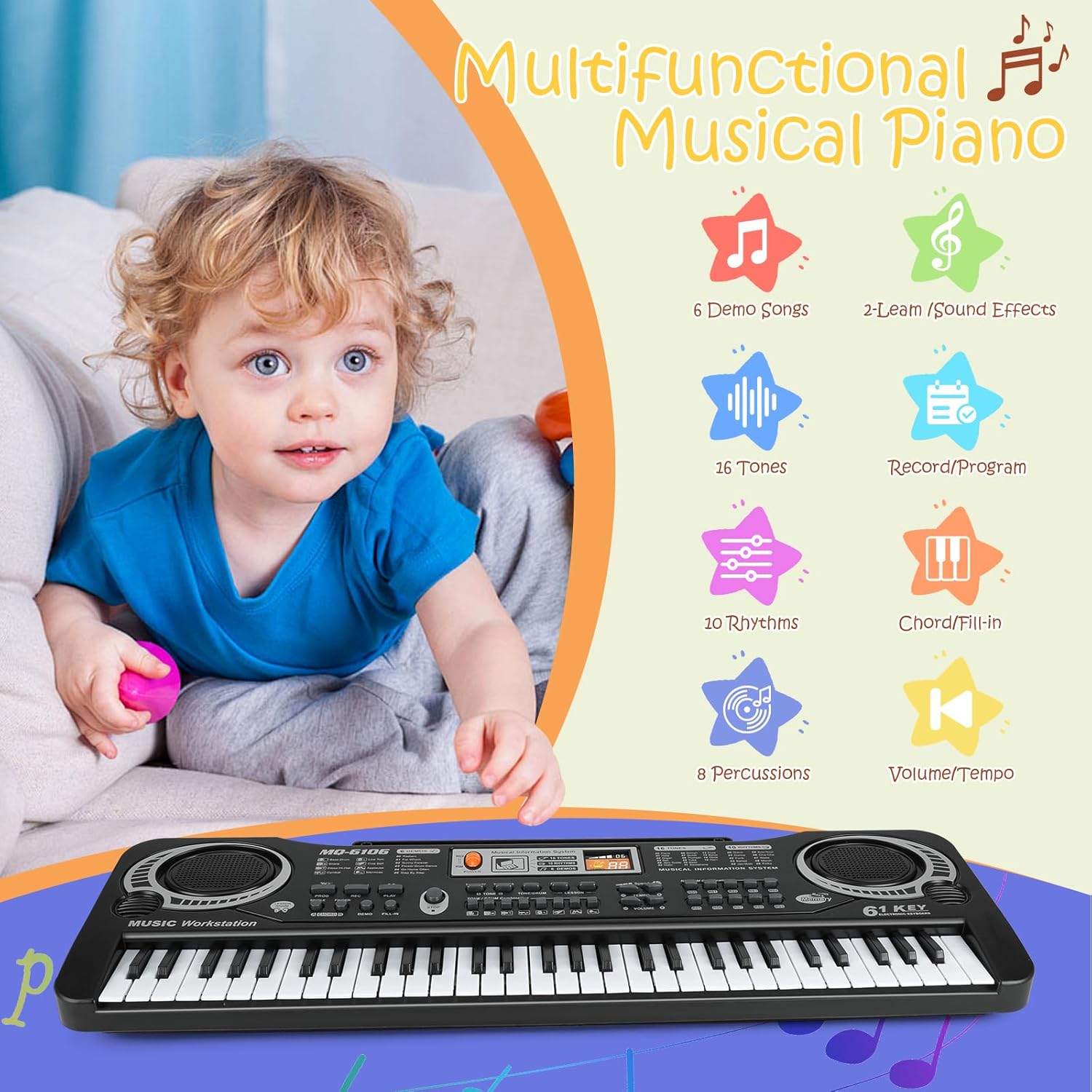 61 Key Piano Keyboard, Beginner Electronic Keyboard for Kids with Teaching Mode, 6 Demo Songs, 16 Tones, Microphone and Power Supply, Kids Piano Keyboard for Birthday Gift/Christmas Gift