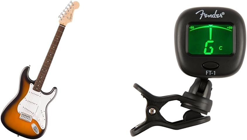 Fender Squier Debut Series Stratocaster Electric Guitar Bundle with Fender FT-1 Clip On Tuner, 2-Color Sunburst Guitar with Matte Finish