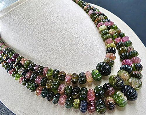 19 inch 3 Strand Necklace of Natural Multi Tourmaline Melon Shape Carved Cut 16mm-6mm Beads for DIY Jewelry Making.