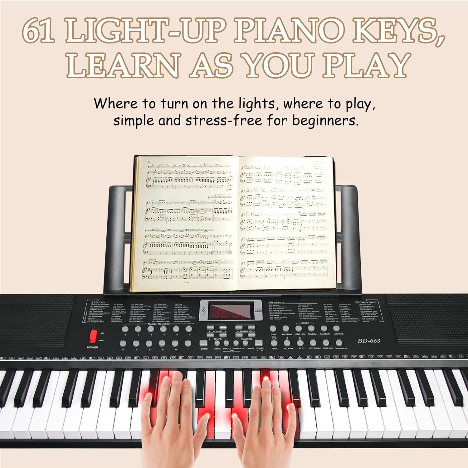 Keyboard Piano 61 Key Electric Piano Keyboard for Beginners/Professional, Full Size Light Up Music Keyboard Built-in Dual Speakers with LED Display, Stand, Music Stand, Microphone, Bench (Black A)