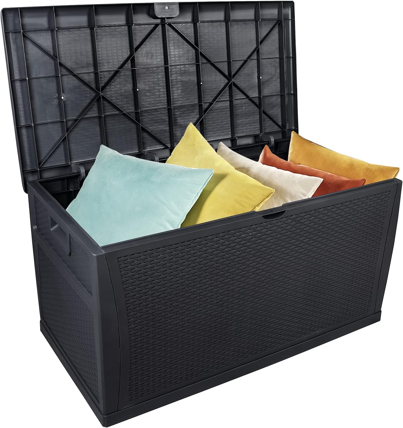 Henf 120 Gallon Outdoor Garden Plastic Storage Deck Box, Weatherproof Resin Container Storage Box Chest Table for Backyard Patio, Rattan-Look Design