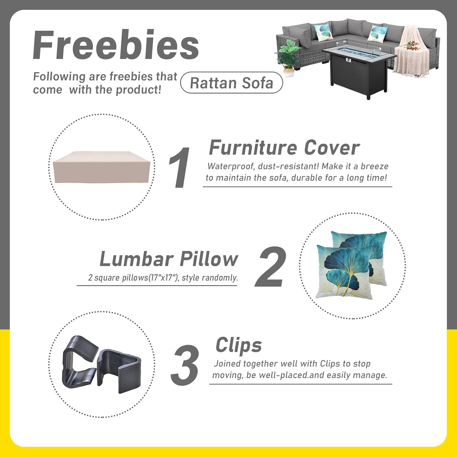 7 Pieces Wicker Patio Furniture Set, PE RattanOutdoor Sectional Conversation Sofa Set with Fire Pit Table, Non-Slip Cushions and Furniture Cover, Light Grey