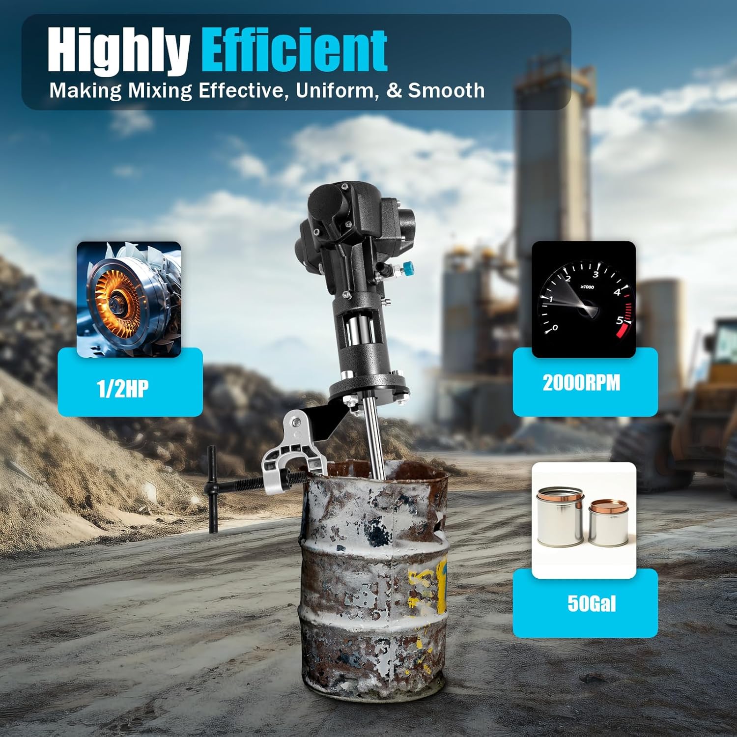 1/2HP 50 Gallon Pneumatic Bracket Mixer, Stainless Steel Automatic Paint Stirring Machine Tank Barrel Clip Bracket Mixer Air Agitator Paint Mix Tool for shipbuilding coating the food industry ceramics