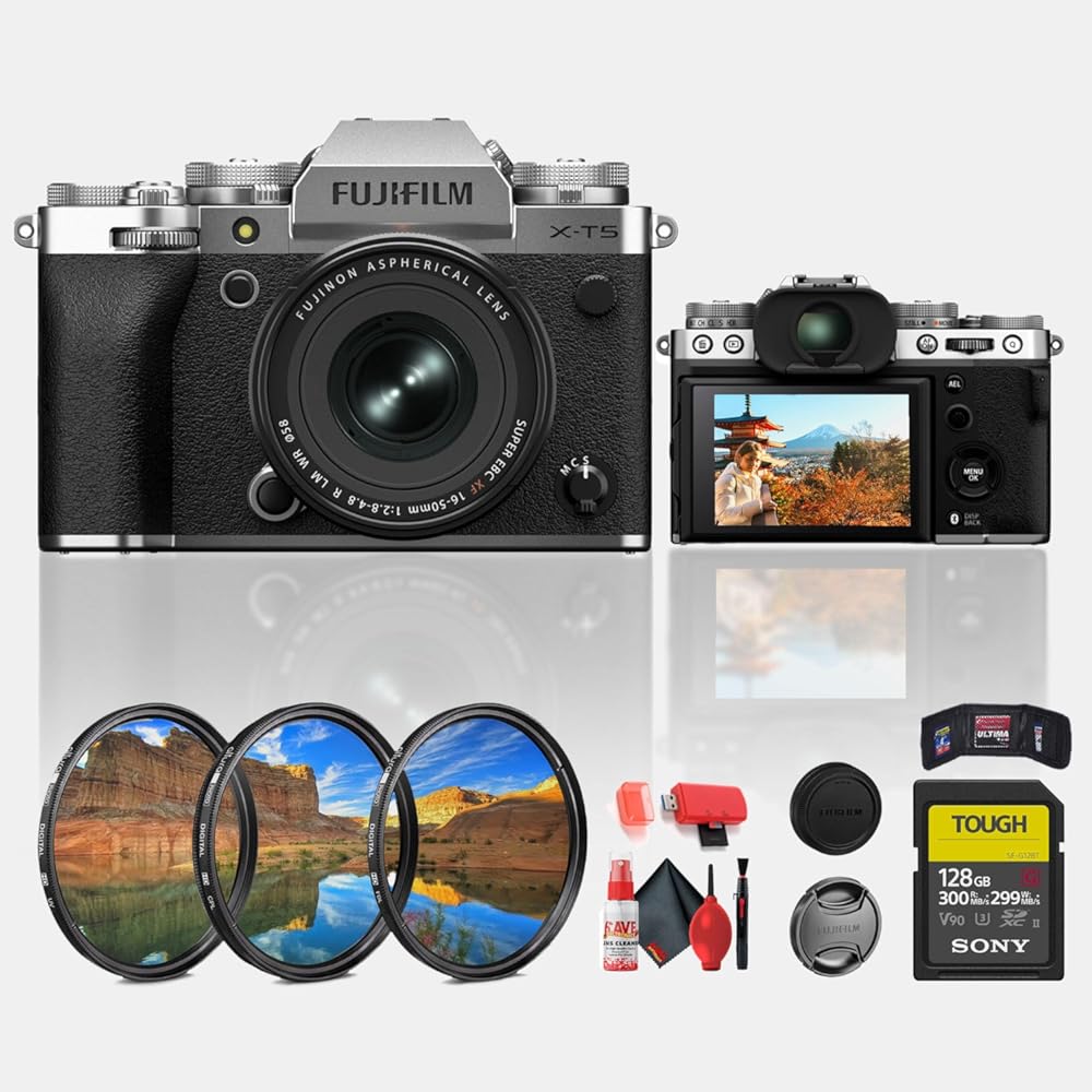 Fujifilm X-T5 Mirrorless Camera with XF 16-50mm Lens in Silver (16843014) Bundle Including: 128 GB Memory Card, 3-Piece Filter Kit, Card Reader, Lens Caps, Full Cleaning Kit