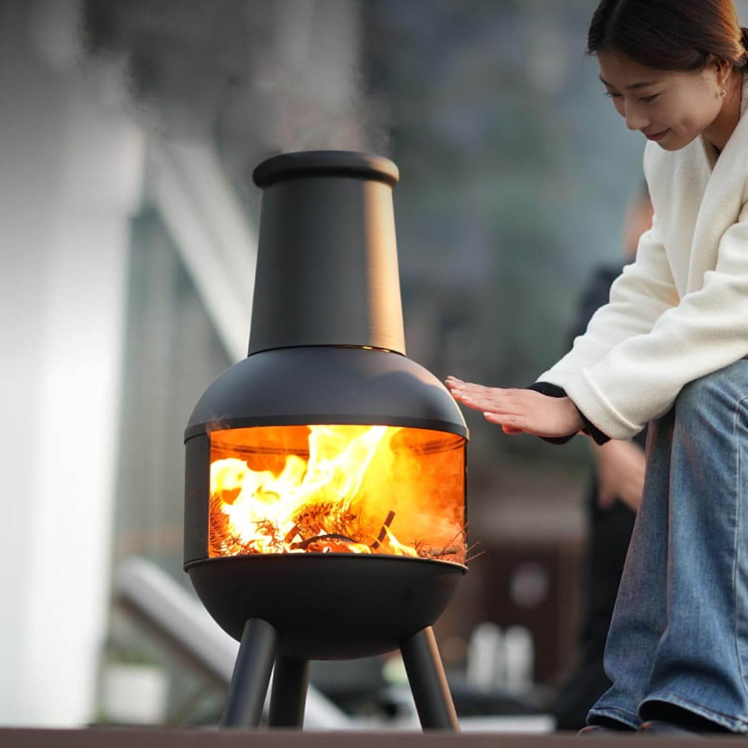 Chiminea, Outdoor Wood Burning Firepit, Fireplace for BBQ & Warming, with Grill Mesh, Chimney & Firewood Rack, for Patio, Garden, Backyard