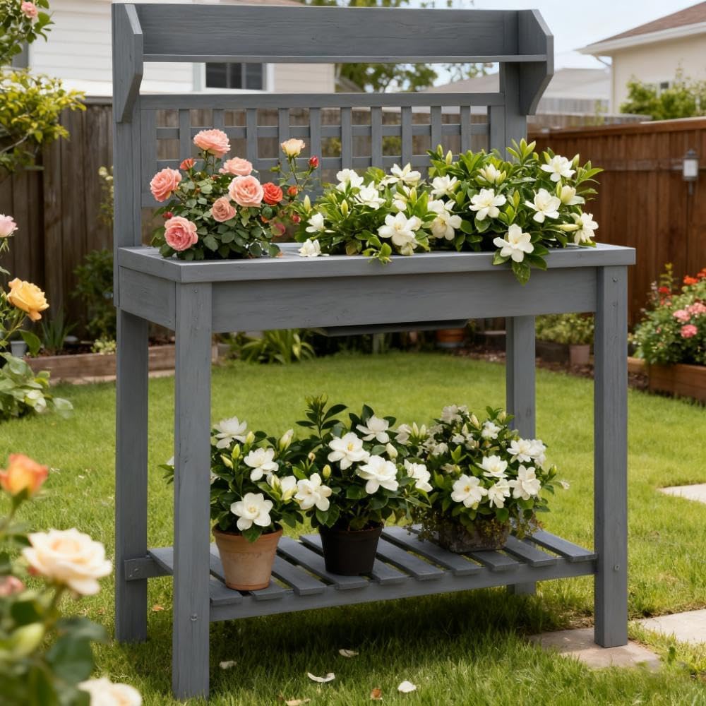 GOWE Wooden Workstation,Outdoor Potting Bench Table,with Sliding Tabletop,Storage Shelf and Dry Sink,for Greenhouse,Garden,Patio