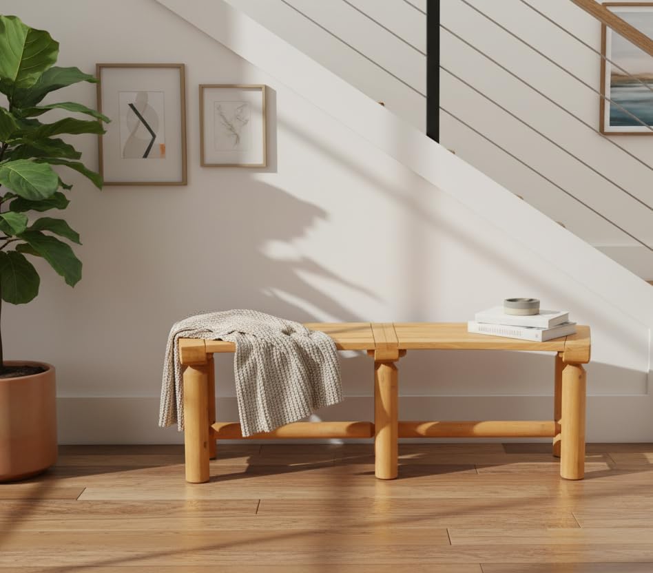 Outdoor Wooden Curved Backless Porch Bench Rustic Style Cedar/Fir Wood Log Fire Pit Bench for Patio Garden Deck and Backyard, 40