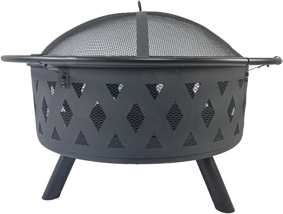 Large Round Fire Pit with Net Cover, Fire Poker & Diamond Mesh - Metal Wood Burning Outdoor Fire Pit for Courtyards, Backyards, Gardens - Ideal for Bonfire Parties, Christmas, Thanksgiving, Halloween