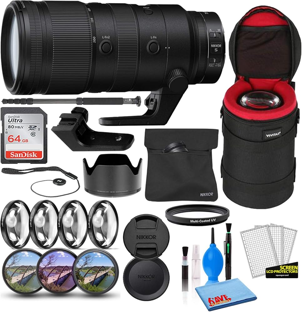 Nikon NIKKOR Z 70-200mm f/2.8 VR S Lens (20091) with 64GB Ultra SDHC Memory Card + Padded Lens Case + 70-Inch Pro Monopod + 8-Piece Filter Kit (Macro, UV, CPL, FLD) (Renewed)